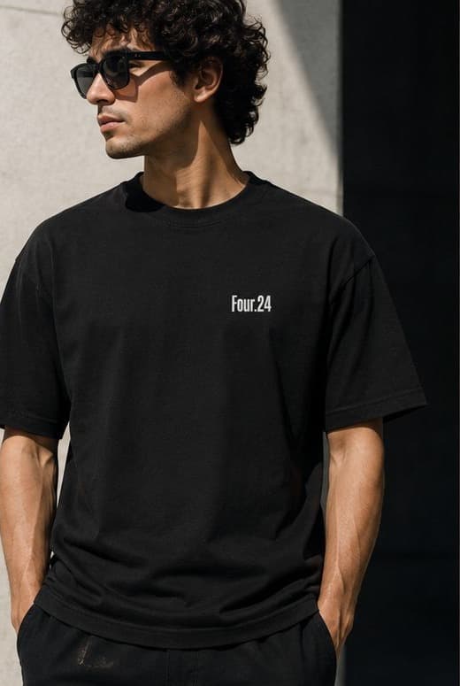 Four.24 black tee, front view